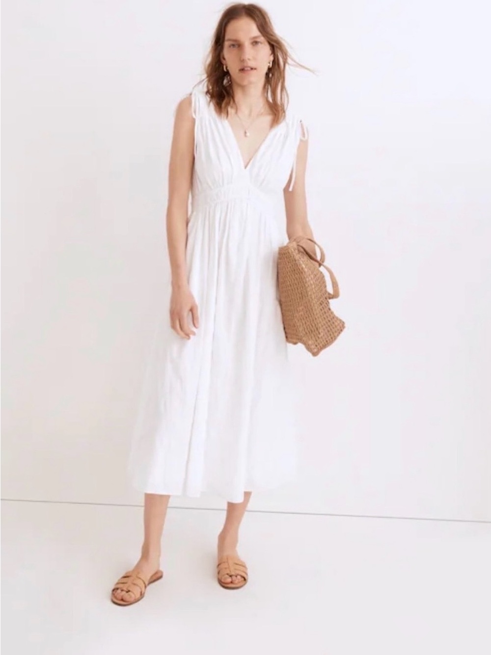 Madewell Sophia White Cotton V-Neck Smocked Dress Cottagecore, BohoChic,Festival